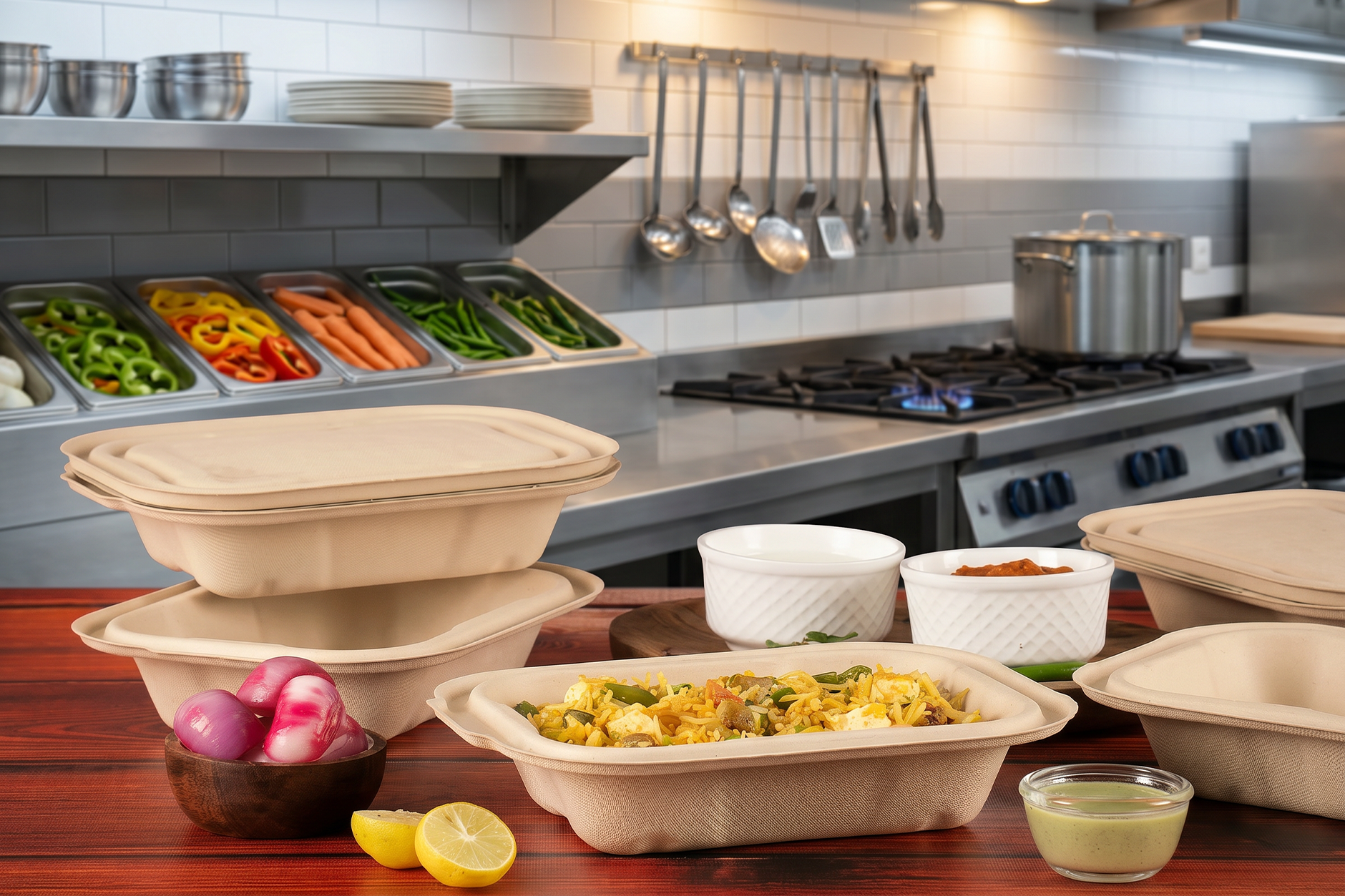 Bagasse food containers and bowls with prep ingredients in a commercial restaurant kitchen showcasing FSSAI compliant food service setup