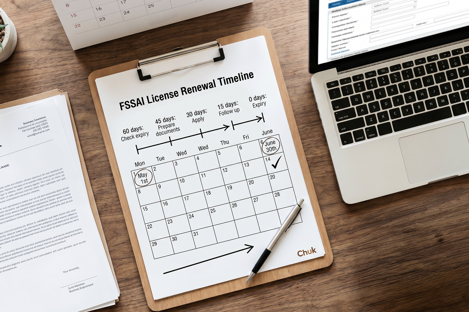 FSSAI license renewal timeline checklist on clipboard showing 60-day, 45-day, 30-day, 15-day, and expiry milestones beside calendar and laptop