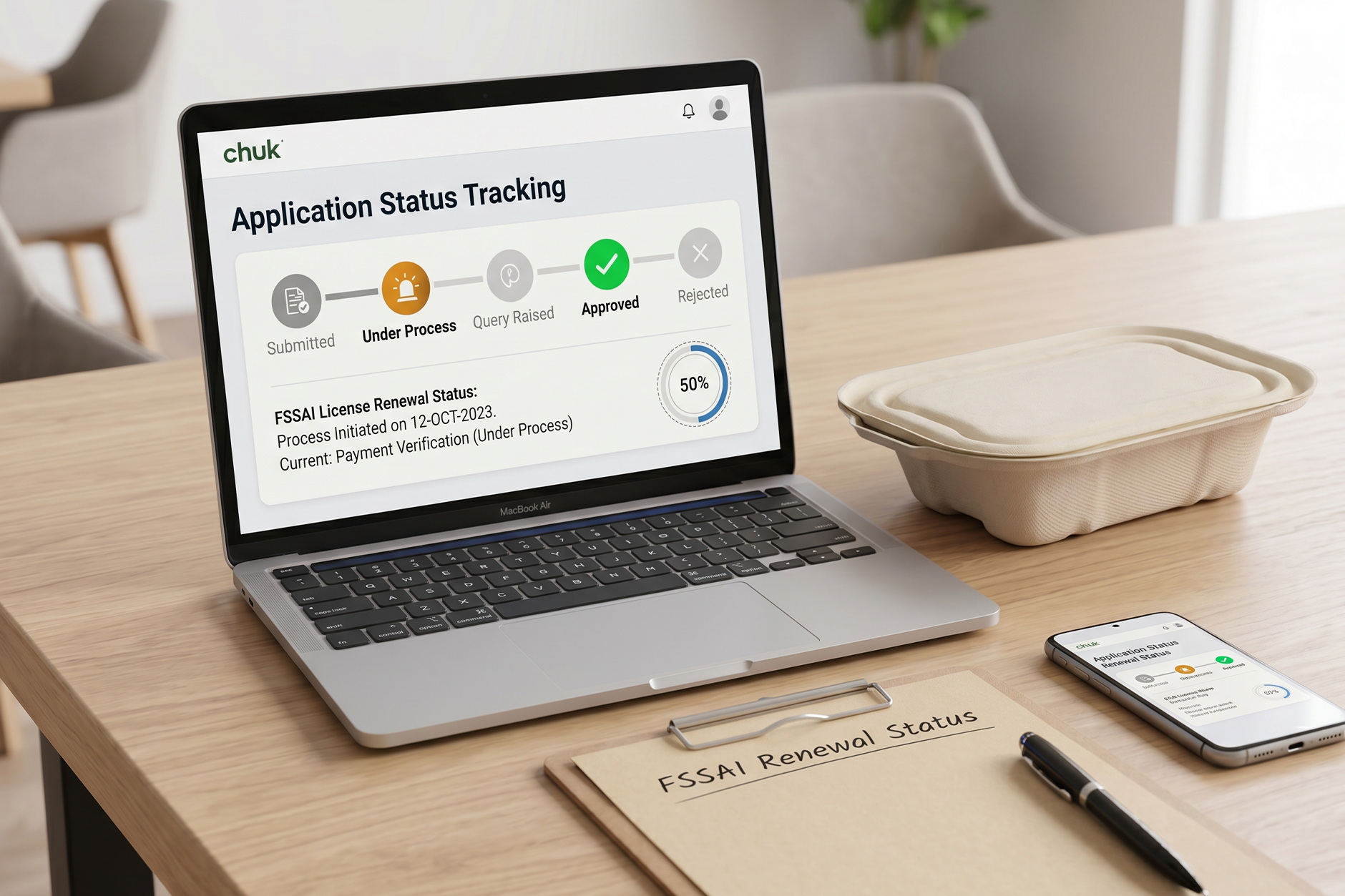 FSSAI application status tracking dashboard on laptop showing submitted, under process, query raised, and approved stages with renewal status details