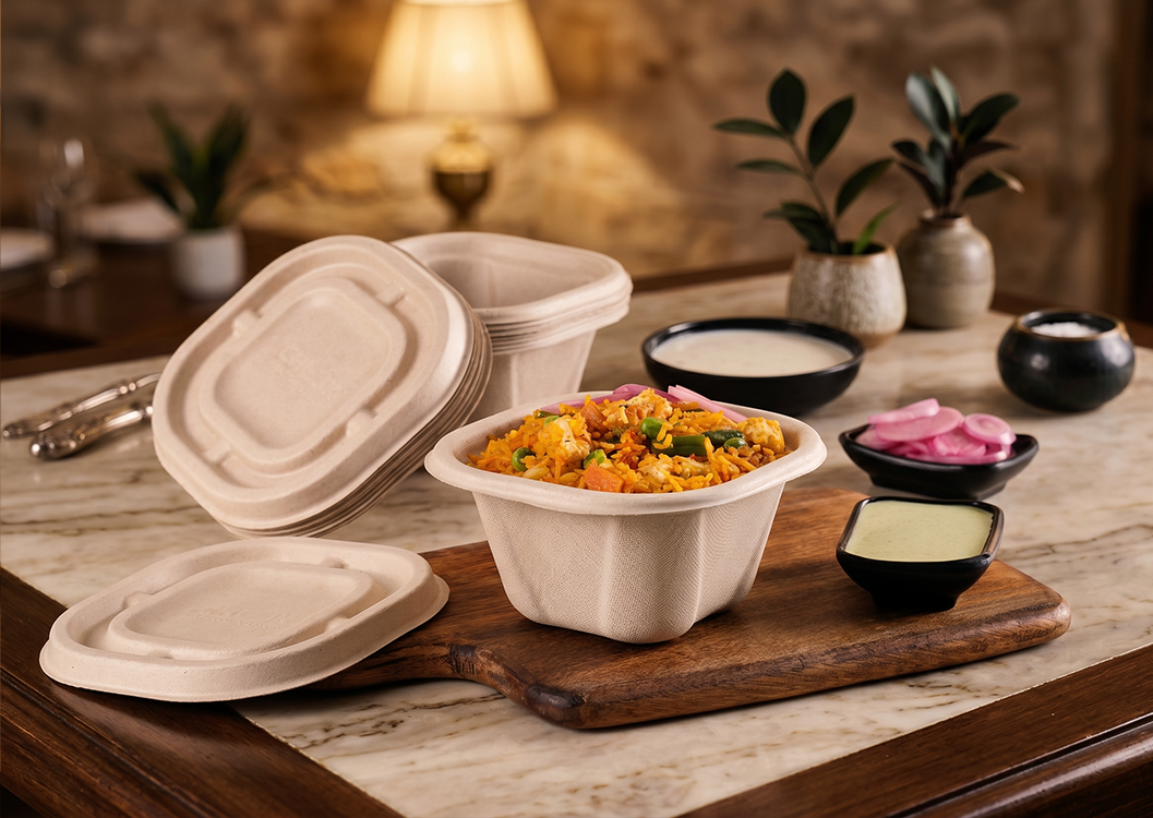 Compostable bagasse food containers showing range and variety for restaurant use