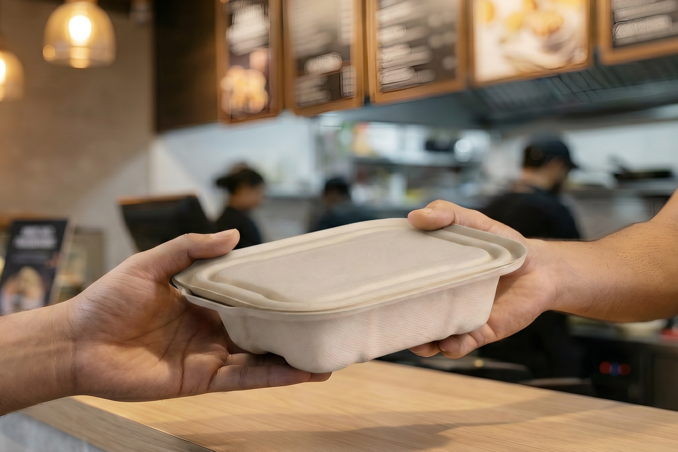 Restaurant owner placing bulk order for compostable food packaging