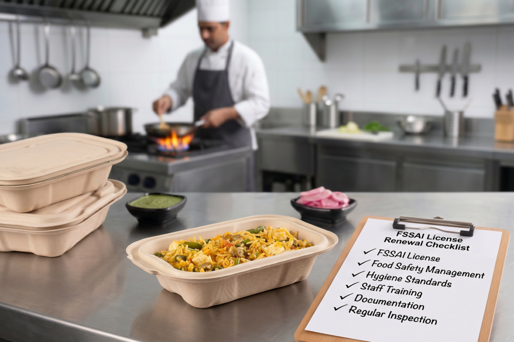Chef cooking in commercial kitchen with FSSAI license renewal checklist clipboard listing food safety management, hygiene standards, staff training, and documentation