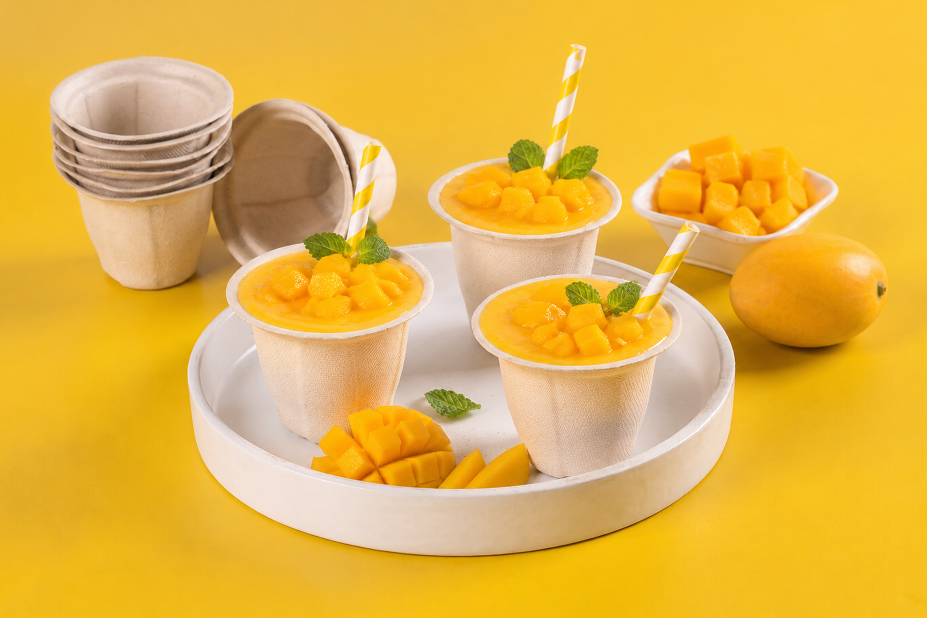 Chuk compostable bagasse cups serving mango lassi topped with mango chunks