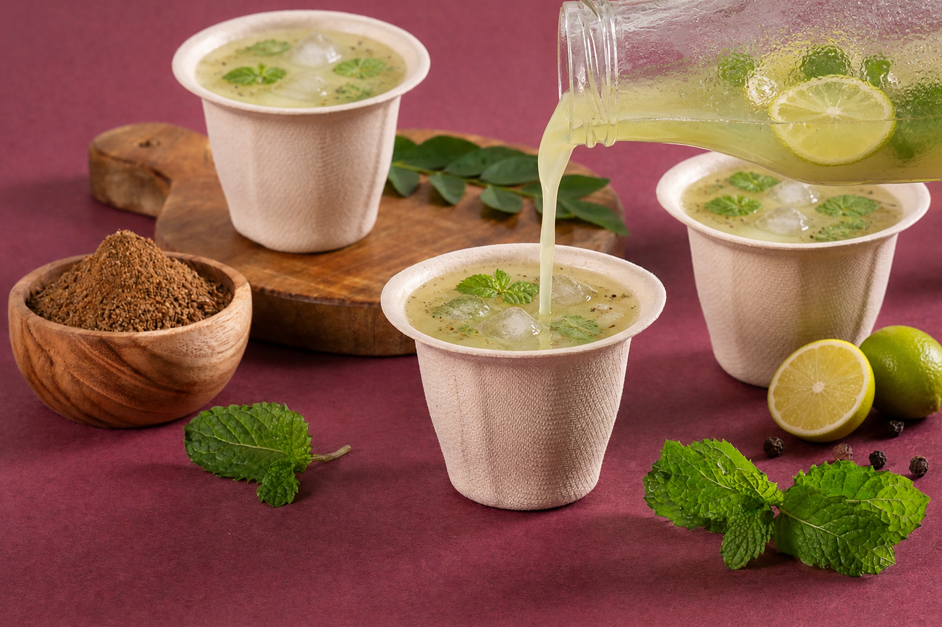 Chuk compostable bagasse cups serving nimbu pani jaljeera being poured