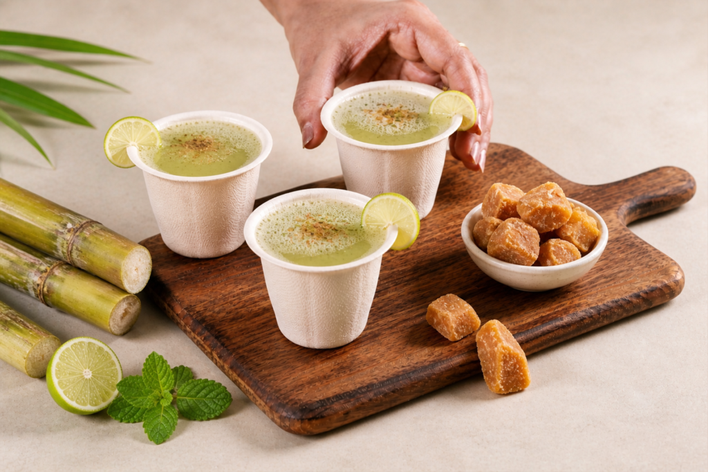 Chuk compostable bagasse cups serving fresh sugarcane juice with jaggery and lime