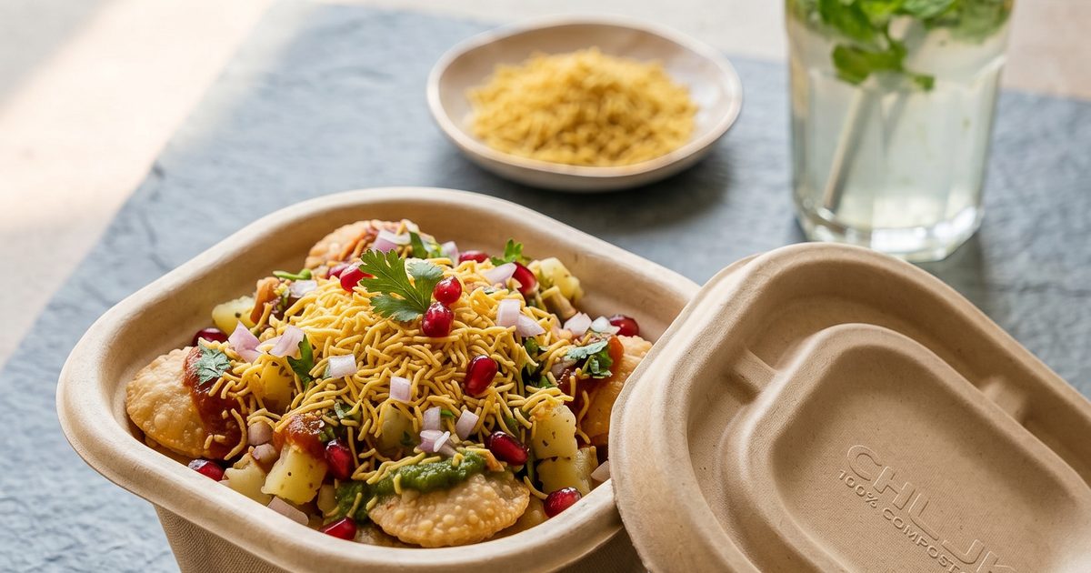 Restaurant takeaway order packed hot and leak-free in a CHUK 500ml bagasse delivery container