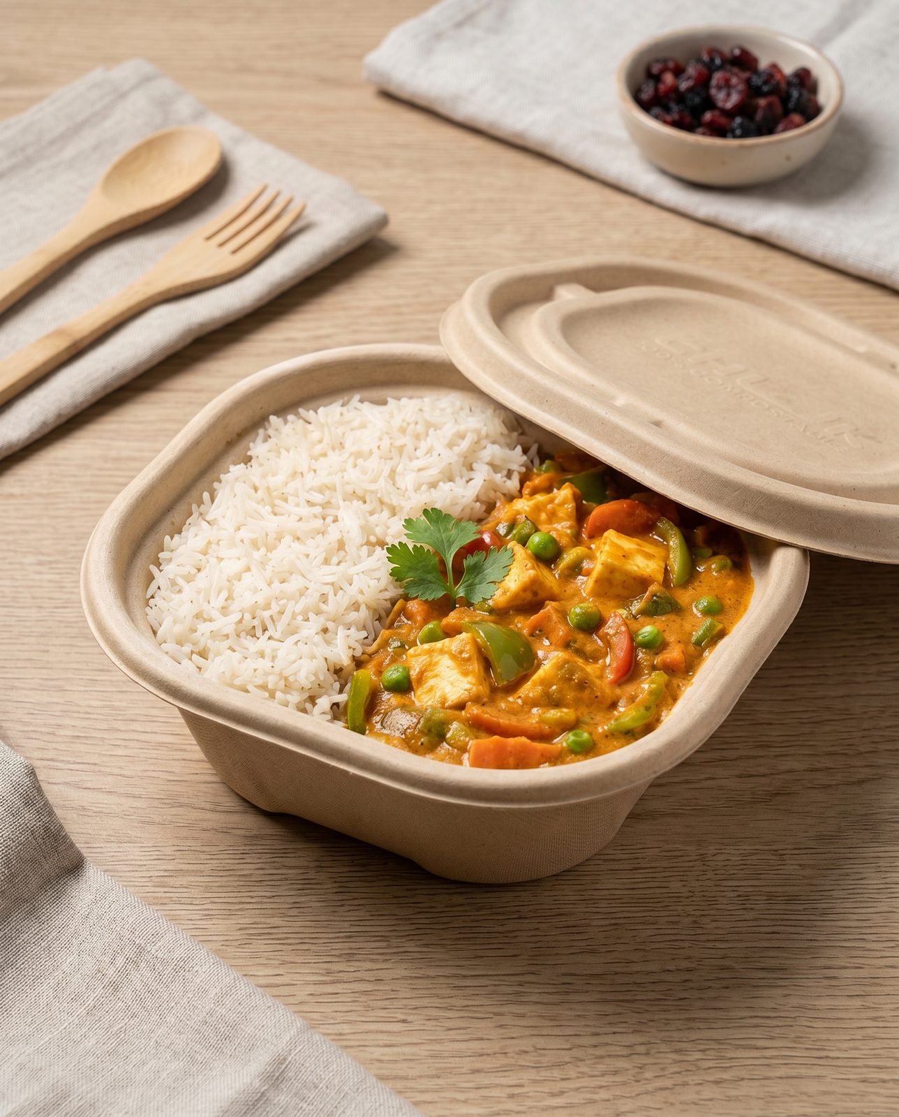 Rice and curry combo packed hot in a CHUK 750ml compostable bagasse delivery container