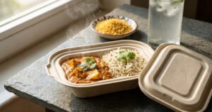 Paneer butter masala and jeera rice packed in a CHUK 750ml leak-proof compostable delivery container