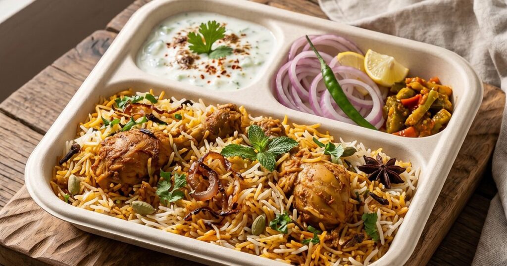 CHUK 3CP Meal Plate bagasse meal tray, lifestyle shot with food - Independence Day restaurant tricolour menu thali plates catering platter festive food