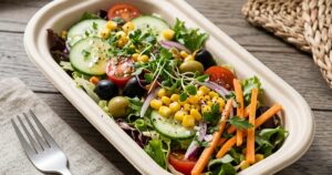 CHUK 750ml Dine-in Container (bagasse), lifestyle shot with food