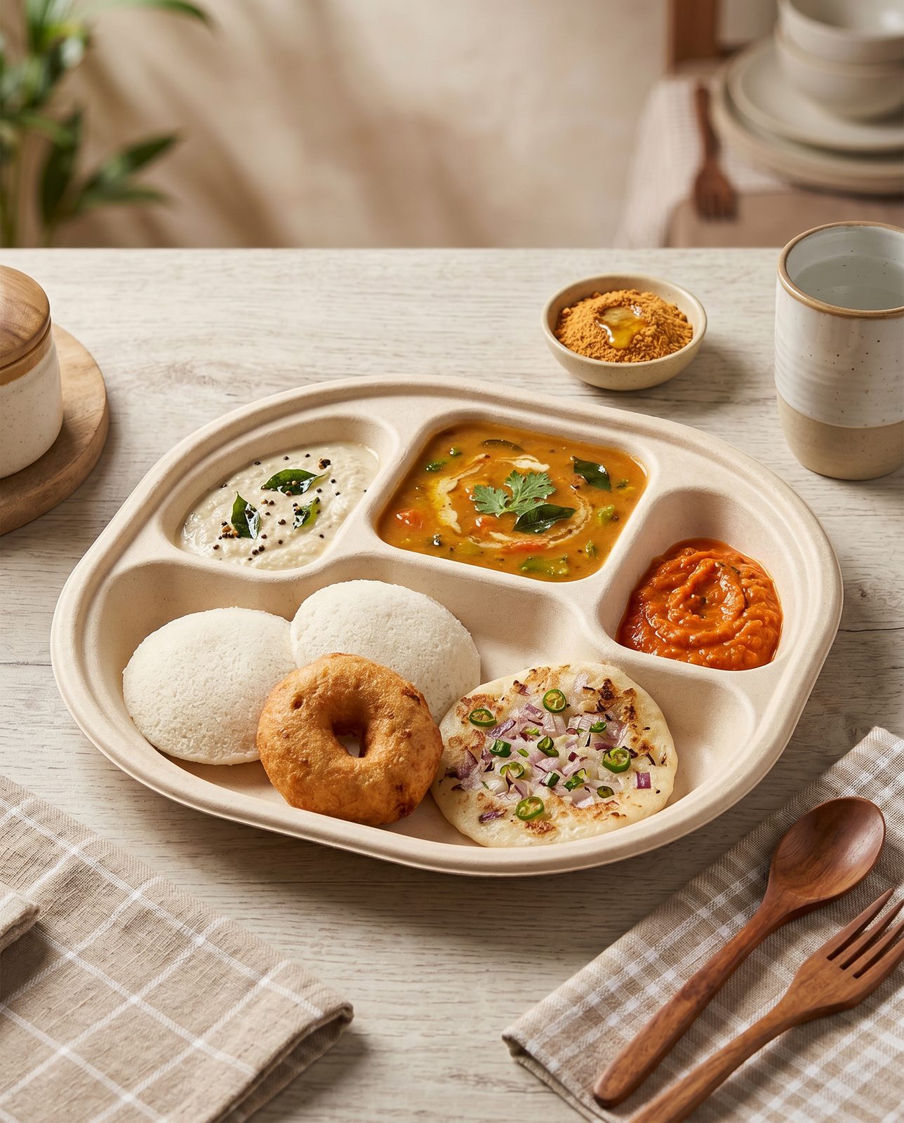 Four-compartment bagasse meal tray plated with a South Indian rice meal, suited to Onam sadya service