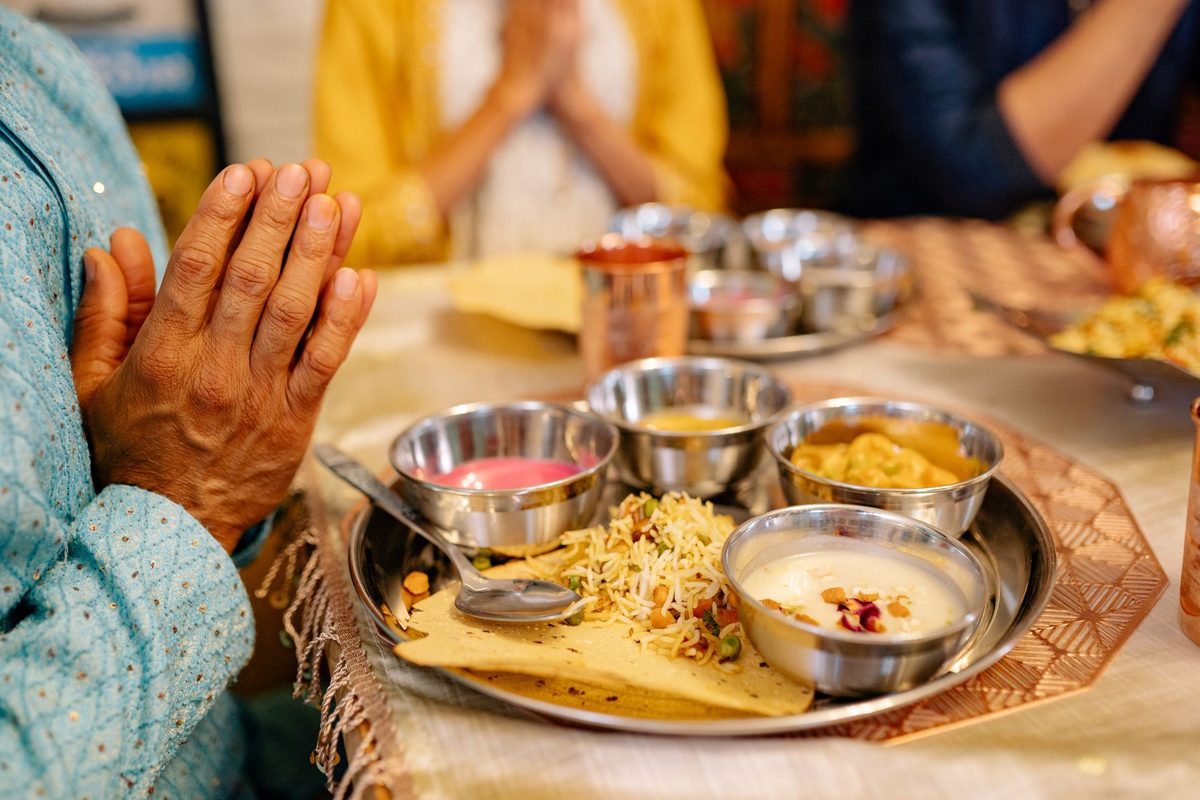 Traditional Indian festive vegetarian meal laid out for a Janmashtami celebration