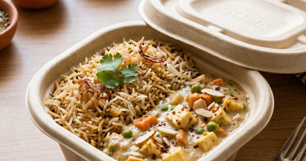Rakhi combo meal (pulao and paneer curry) packed in a CHUK 500ml bagasse delivery container for Raksha Bandhan