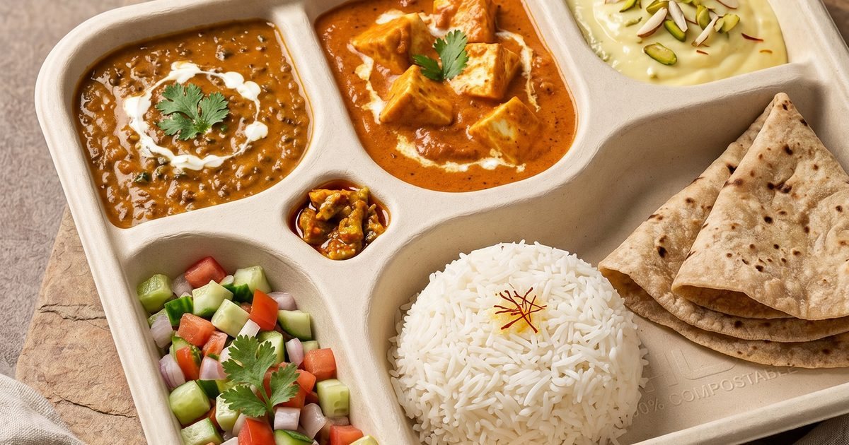 Vegetarian thali of dal, paneer, basmati rice, roti and kachumber salad served in a CHUK compostable bagasse meal tray