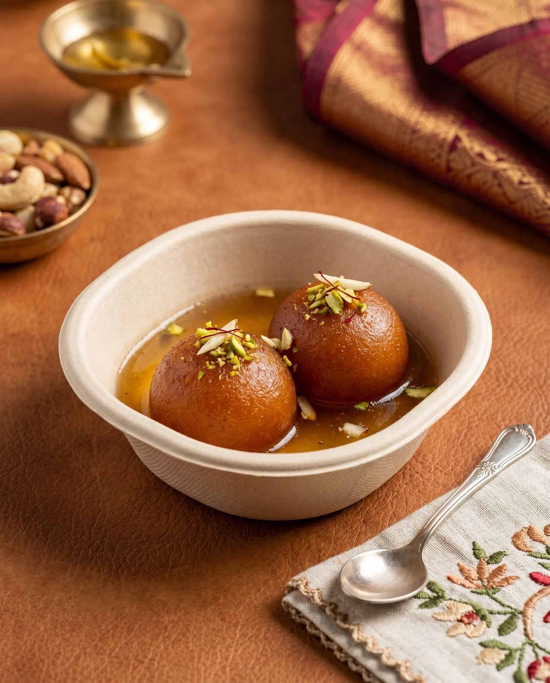 Two gulab jamuns in syrup served in a CHUK 180ml compostable bagasse bowl, a festival sweet portion for Guru Purnima orders