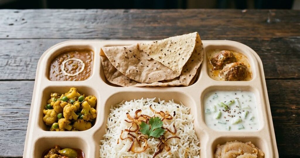 Vegetarian rice thali with sabzi, dal, raita, papad and halwa portioned in a CHUK 8CP compostable bagasse meal tray, the format restaurants use to serve a multi-dish Onam sadya