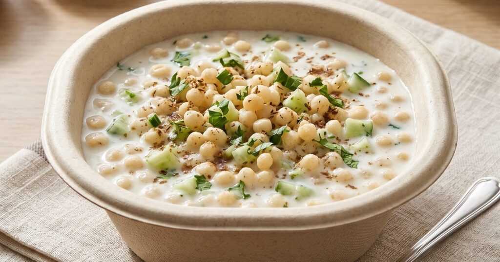 Boondi raita served in a CHUK compostable bagasse bowl, a single-use-plastic-free serving option for restaurants