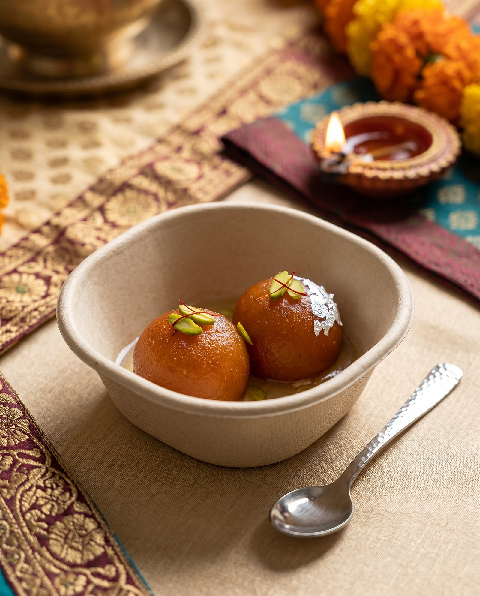 Two gulab jamun topped with pistachio and silver varq in a CHUK bagasse bowl, with a lit clay diya and marigolds behind