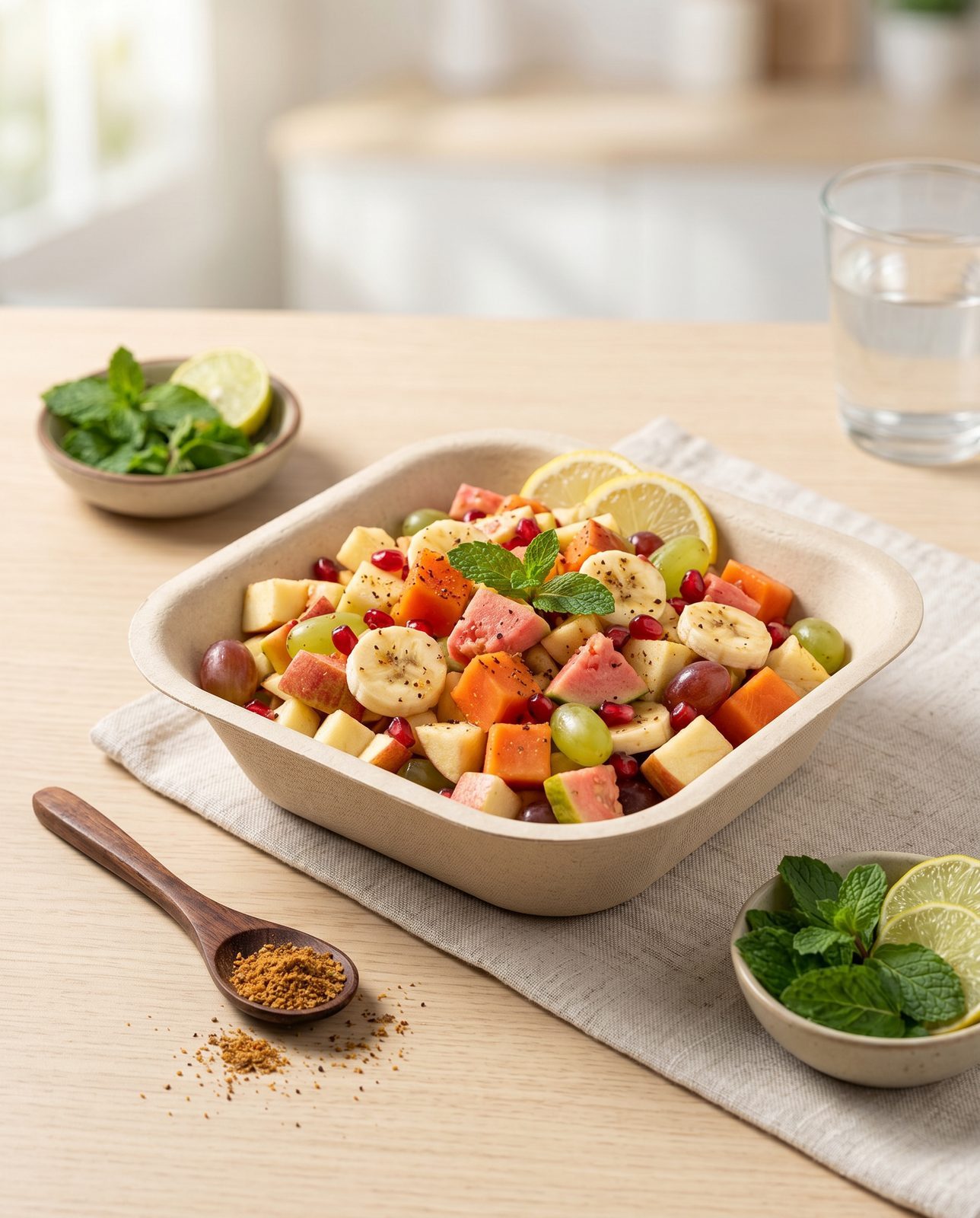 Cut fruit with banana, papaya, guava, apple, grapes and pomegranate in a square CHUK bagasse dona on a linen napkin, with mint and lemon on the side