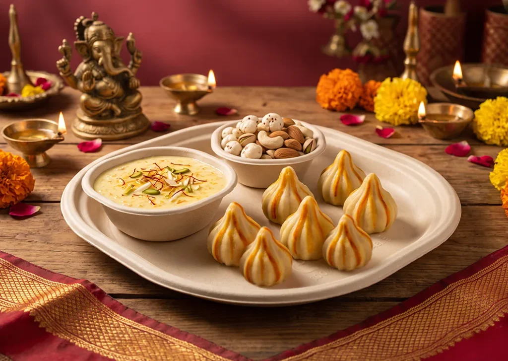 Saffron modaks with kheer and cashews in a CHUK sugarcane bagasse platter and bowls, beside a brass Ganesh idol, diyas and marigolds