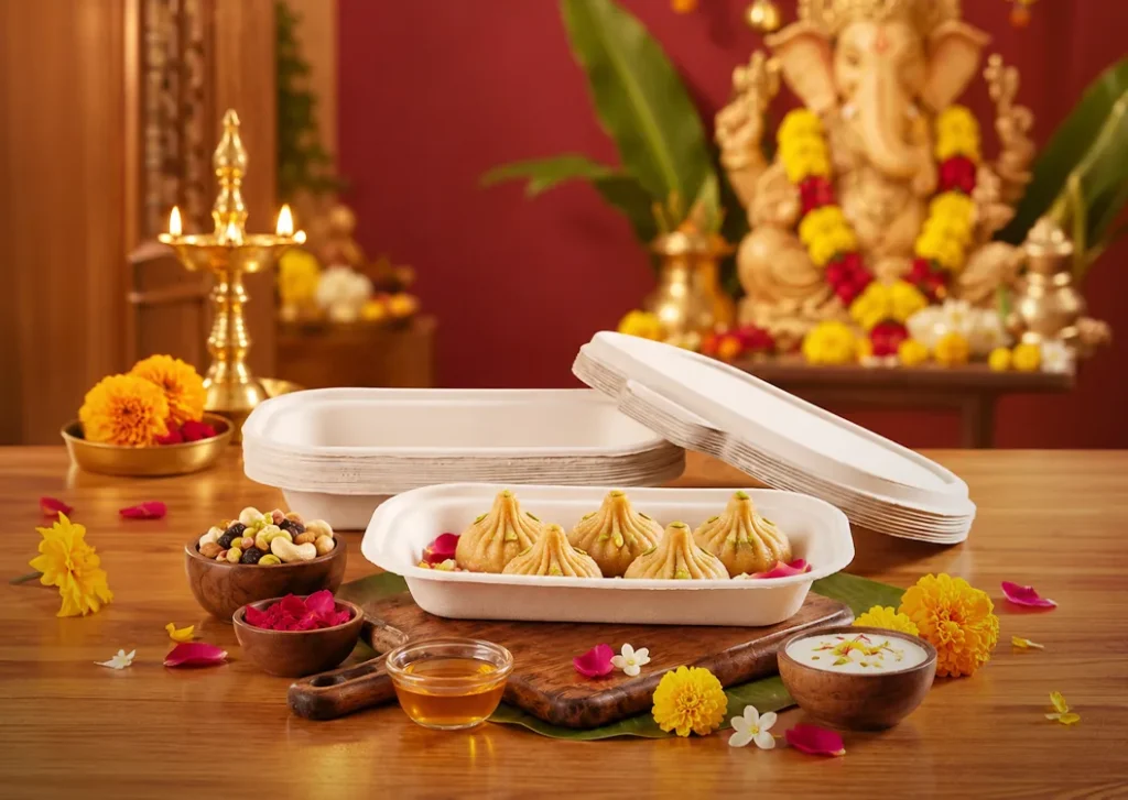 Modaks in a CHUK compostable bagasse container with lids stacked behind, in front of a decorated Ganesh idol with diyas and marigolds