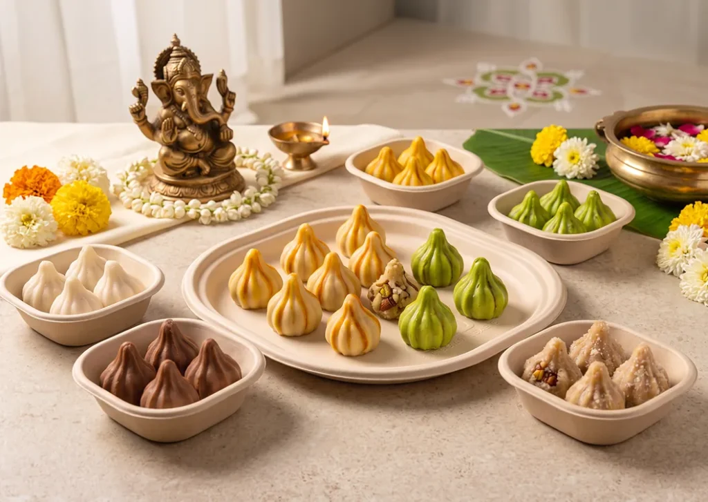 Assorted modaks in saffron, green, chocolate and white served in a CHUK sugarcane bagasse platter and bowls, with a brass Ganesh idol, diya and marigolds