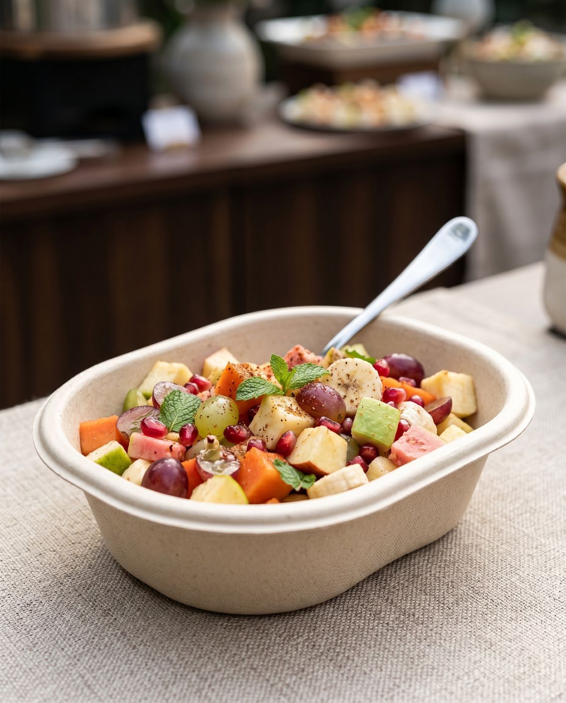 Fruit chaat of banana, apple, papaya, grapes and pomegranate with mint in a CHUK bagasse bowl
